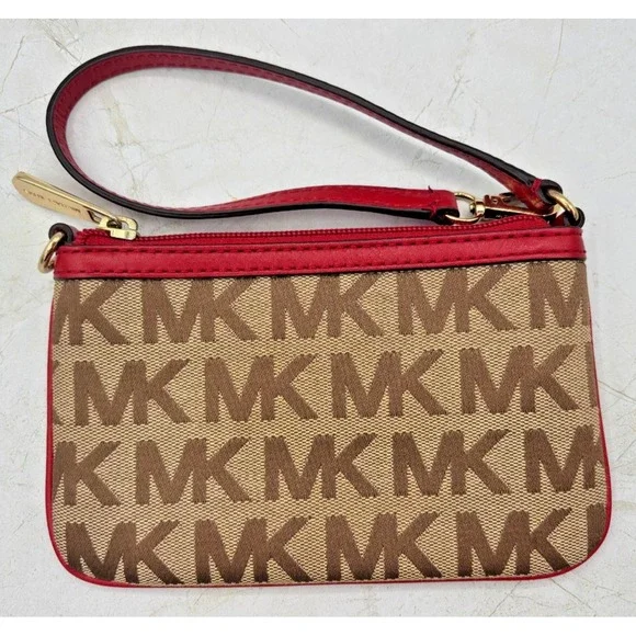 Michael Kors Jacquard Monagram Wristlet‎ Mini Bag Red Leather Signature Lining - Picture 2 of 16
